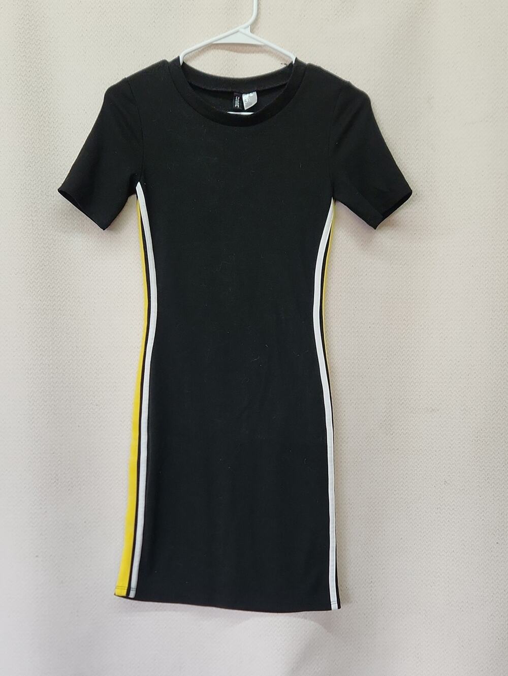 Divided Black Mini Dress with Yellow and White Side Stripes